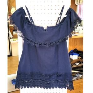 No Boundaries 11-13 L Blue Gauzy Lace Cold Shoulder Ruffle Neck Shirt Y2K Boho